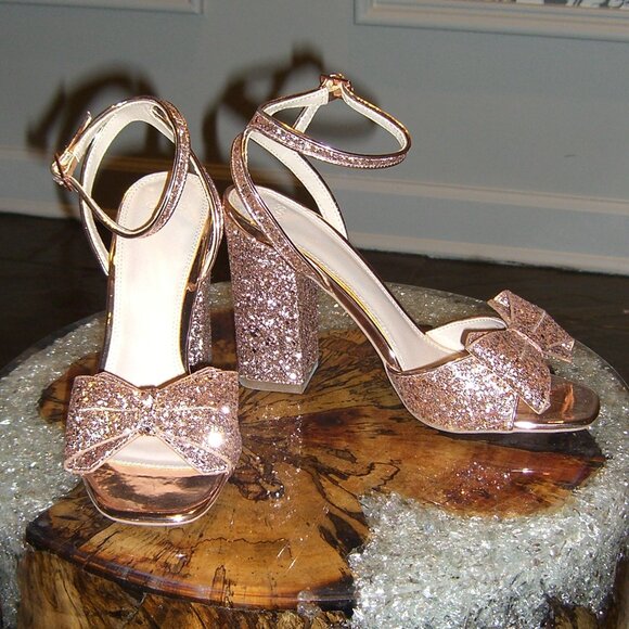 NIB ASOS HEAVEN SENT NUDE METALLIC BOW OPEN TOE HEELS SANDALS SHOES UK5 US7 - Picture 1 of 7